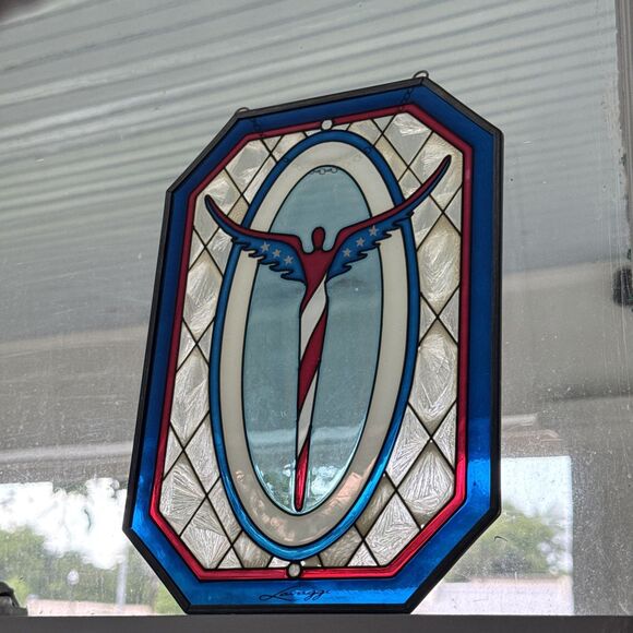 Lavaggi Signed American Angel Sun Catcher Stained Glass Metal Frame Chain Rare - Picture 8 of 11